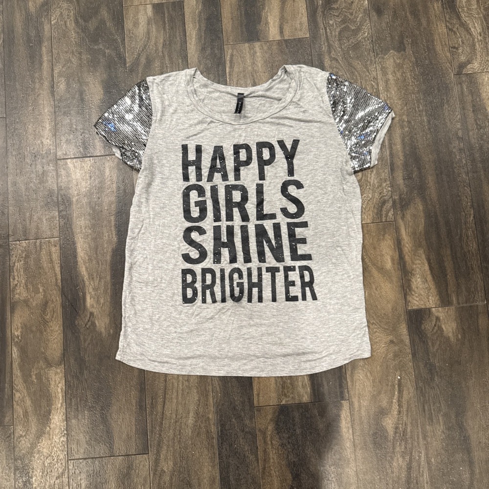 Motive Women's T-Shirt Top "Happy Girls Shine Brighter" Size M Heather Grey‎